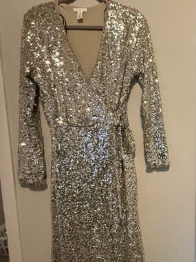 H&M Silver Sequin Wrap Dress with Long Sleeves